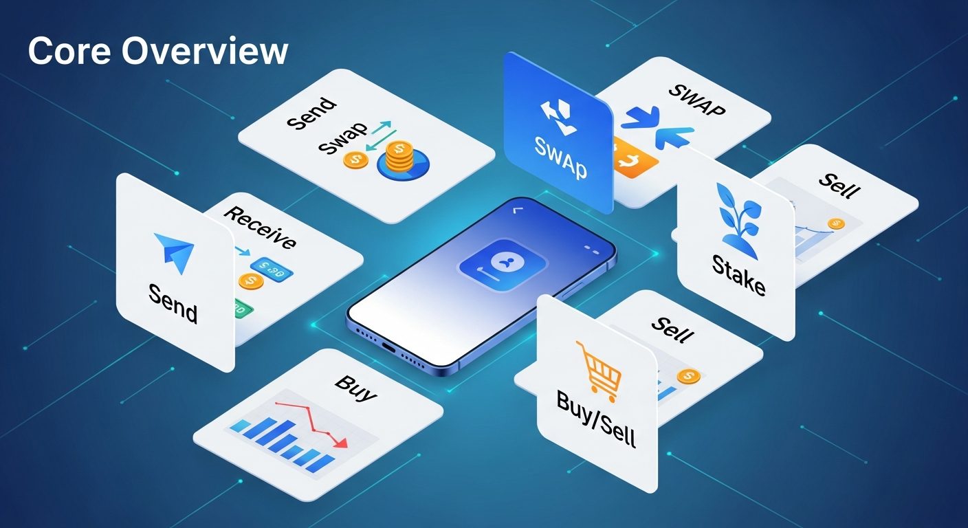 Ledger Wallet features overview showing Clear Signing, staking interface, swap comparison, NFT gallery, and DeFi dApp browser integration with hardware wallet security