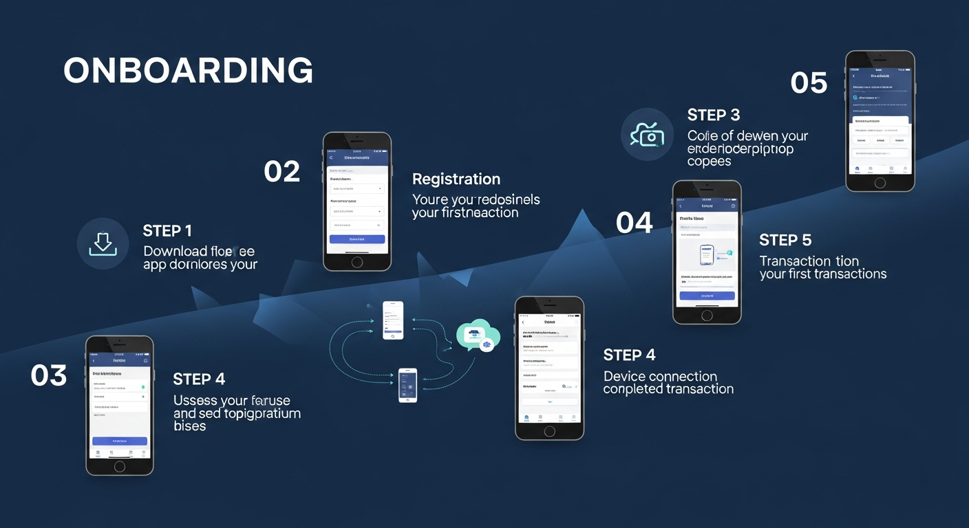 Step-by-step visual guide showing how to set up Ledger Wallet with a hardware device, from downloading the app to managing cryptocurrency accounts